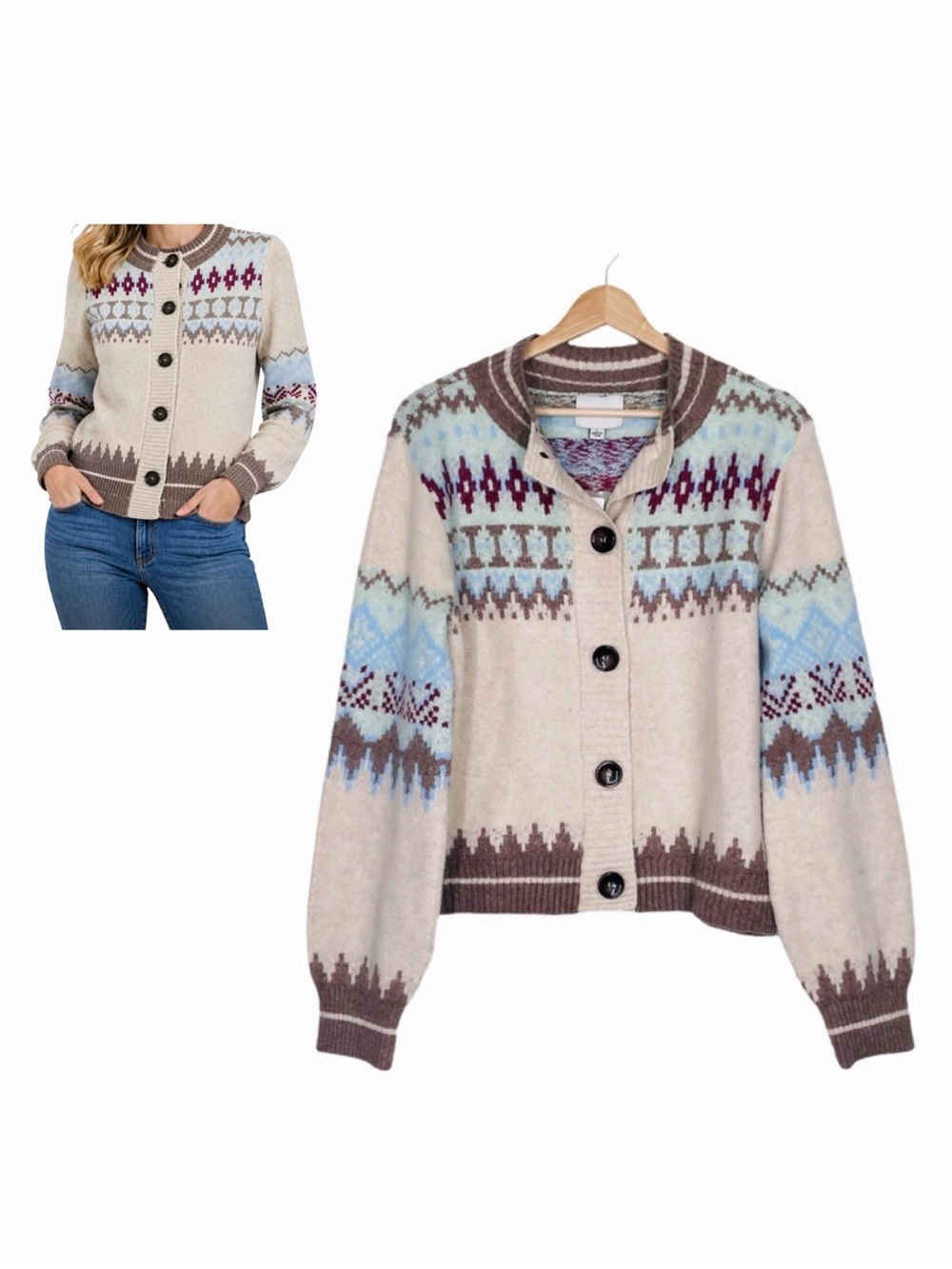 Pink Rose Cardigan Dry Goods Multicolor Fair Isle Cropped Cardigan Large NWT